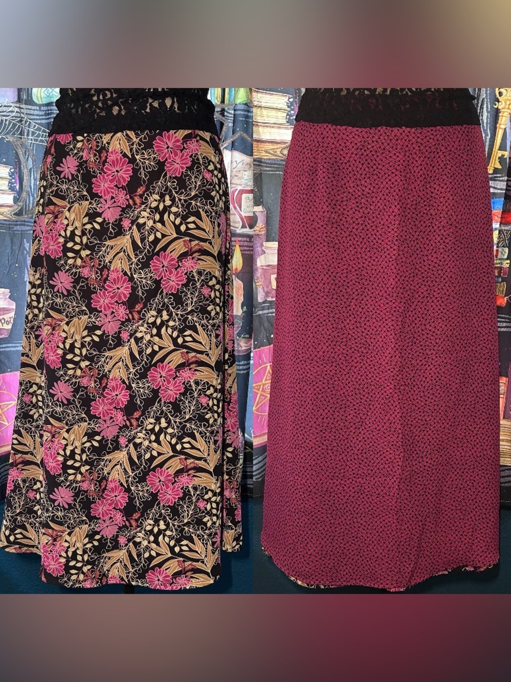 90s VintageEmma & James Magenta Bohemian Reversible Floral Polka Dot Maxi Skirt